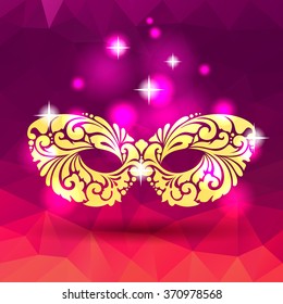 Ornate patterned golden mask on color abstract background with magic lights. Mardi Gras Vector illustration