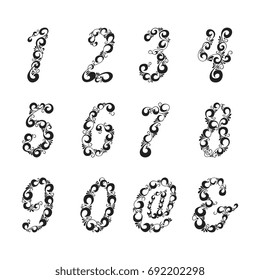 Ornate patterned numbers and symbol collection. Design element set for greeting card, education  and another design.