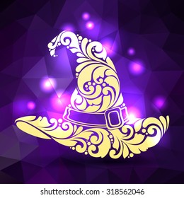 Ornate patterned witch hat and magic lights. Vector illustration. Fairy tale and Halloween symbol