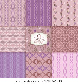 Ornate patterns set, vector seamless natural backgrounds with leaves