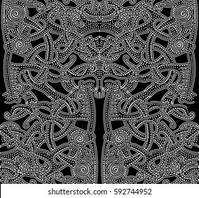 Ornate patterns of the Vikings. Background with hand drawn element of the Vikings. Seamless abstract pattern for printing on paper, fabric, clothes. Art videos black and white picture. Celtic knots.