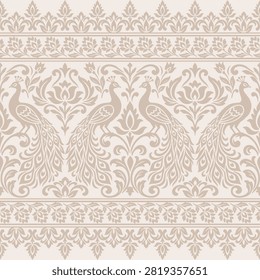 Ornate peacock border pattern rendered in elegant beige vintage tones featuring a seamless peacock border pattern. vector ideal for royal ethnic wallpaper and luxury fabric trimming border pattern.