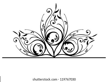 Ornate peacock feathers in scrolls