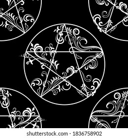 Ornate pentagram monochrome seamless pattern, magic occult star symbol background. Vector illustration in black and white.