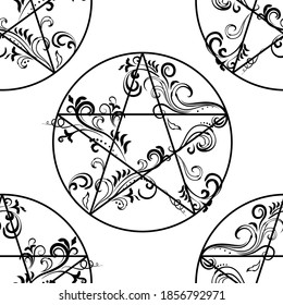 Ornate pentagram monochrome seamless pattern, magic occult star symbol background. Vector illustration in black over white.