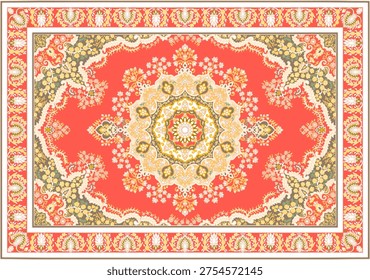 Ornate Persian Carpet Pattern With Golden Floral Mandala