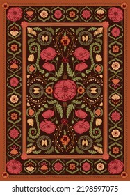 ornate Persian suzani rug traditional rug design with modern twist poppy garden flowers with moths and butterflies red green dark warm colorful 