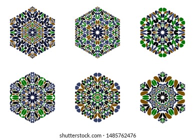 Ornate petal ornament hexagon polygon set - geometric ornamental colorful abstract geometrical vector illustrations