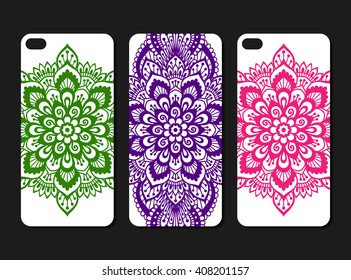 Ornate phone case design set. Indian ethnic style smartphone cover pattern. Three colourful bright decals for mobile. EPS 10 vector hand-drawn vintage background. Islated on white.