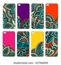 Ornate phone case design set. Indian ethnic style smartphone cover pattern. 
Eight colourful bright decals for mobile. EPS 10 vector hand-drawn vintage background. Isolated on white.