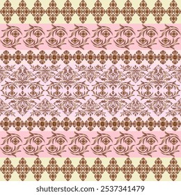 Ornate Pink and Brown Damask Pattern with Floral Borders - Elegant Vintage-Inspired Baroque Design for Fabric, Wallpaper, and Home Decor - Classic Decorative Style with Earth Tone Accents and Intricat
