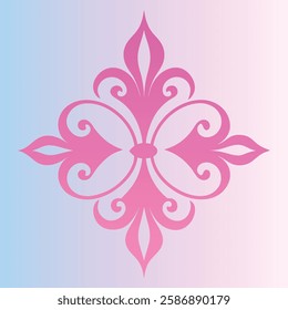 Ornate pink fleur-de-lis design, symmetrical floral pattern, pastel gradient background, decorative scroll motif.