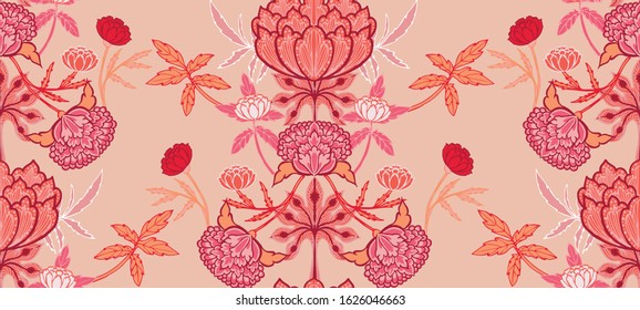 Ornate Pink Floral Vector Pattern with pretty Chrysanthemums and other stylized flowers. Beautiful as a background for a website or any surface design. 