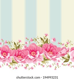 Ornate Pink Flower Border With Tile. Elegant Vintage Wallpaper Design. Vector Illustration.