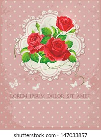 Ornate pink frame decoration with red rose. Beautiful floral background vintage style. Decor illustration.