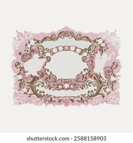 Ornate pink and gold vintage frame with intricate floral patterns and cherubs. Decorative frame with elegant pink and gold details, featuring cherubs and floral motifs. Vintage illustration, vector.