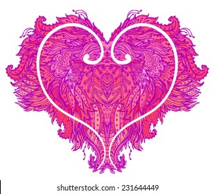 Ornate pink patterned heart isolated on white. Vector illustration. 