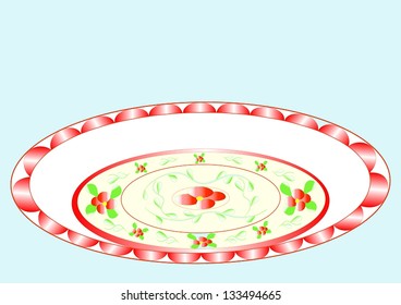Ornate plate with folk patterns, flowers, stems and leaves along the edge of colorful objects like piping