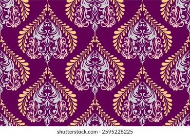 Ornate purple damask pattern with delicate floral arches and symmetrical details. Great for wedding stationery, fabric, and elegant packaging. High-quality seamless vector.