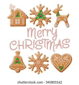 Ornate realistic  set traditional Christmas gingerbread. Vector illustration EPS10