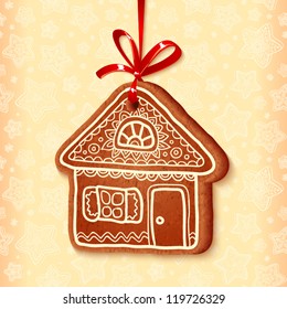 Ornate realistic vector traditional gingerbread house with red ribbon