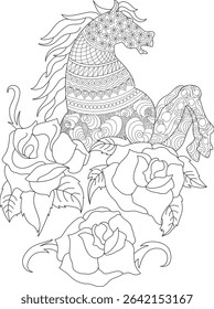 Ornate Rearing Horse with Roses Line Art, Highly detailed black and white line art illustration of a majestic horse rearing upwards, adorned with intricate patterns and surrounded by beautiful