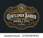 Ornate rectangular barber shop logo featuring crossed scissors, elaborate filigree border, and classic serif lettering in gold and cream on dark navy. Ideal for premium barbershop branding.