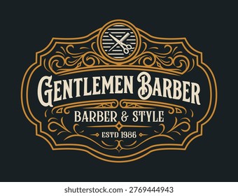 Ornate rectangular barber shop logo featuring crossed scissors, elaborate filigree border, and classic serif lettering in gold and cream on dark navy. Ideal for premium barbershop branding.