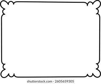 An ornate rectangular frame with elegant curved edges in a minimalist line art style. The border features symmetrical flourishes at each corner, creating a classic look. Cartoon vector illustration.