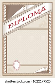 Ornate rectangular framework with banner and label. Template for certificate, diploma, announcement, label. A4 proportions. Removable elements.