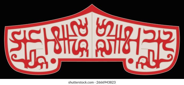 An ornate red and cream abstract pattern displays balanced flowing symmetrical symbols.