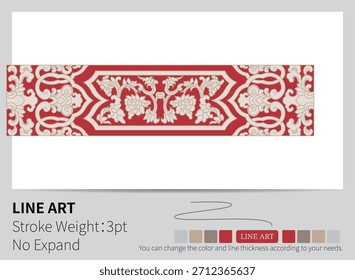 Ein verziertes abstraktes Muster in Rot und Creme zeigt symmetrische Symbole mit ausgeglichenem Fluss.