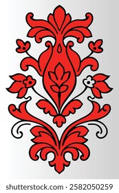 Ornate red floral design, symmetrical pattern, decorative flourish, damask style, white background.