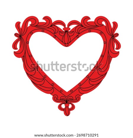 Ornate red heart-shaped frame in Baroque style. Decorative colored outline illustration. romantic graphic element is perfect for wedding invitations, Valentine's Day decorations, love-themed lettering