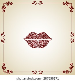 Ornate red lips icon logo kiss red lipstick. Vector illustration.