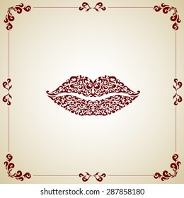 Ornate red lips icon logo kiss red lipstick. Vector illustration.