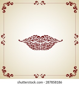 Ornate red lips icon logo kiss red lipstick. Vector illustration.