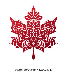 Ornate red maple leaf isolated on white background. Vector illustration. Decorative leaf icon symbol. Stylized Canadian flag.