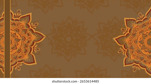 Ornate, repeating mandala patterns in warm orange and brown tones on a muted taupe background.  Intricate floral designs create a sense of symmetry and detail.
