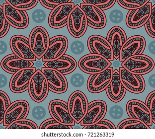 Ornate Retro Geometric Mandala - Seamless Repeating Background Wallpaper Tile - Blue and Coral Pink Color Palette