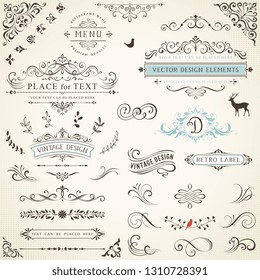 Ornate retro labels, flourishes elements, calligraphy swirls, corner ornaments and frames.
