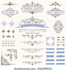 Ornate retro labels, flourishes elements, calligraphy swirls, corner ornaments and frames. Use for vintage wedding invitations, royal certificates, greeting cards, menus, covers and posters. 