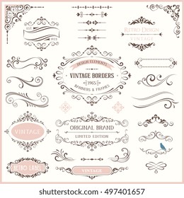 Ornate retro labels, flourishes elements, calligraphy swirls, corner ornaments and frames.