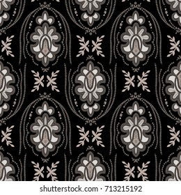 Ornate Retro Style Bollywood Deco Wallpaper - Seamless Repeat Tile -  Black, White and Taupe Colour Palette