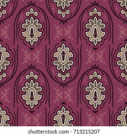 Ornate Retro Style Bollywood Deco Wallpaper - Seamless Repeat Tile -  Raspberry Pink, Purple and Peach Colour Palette
