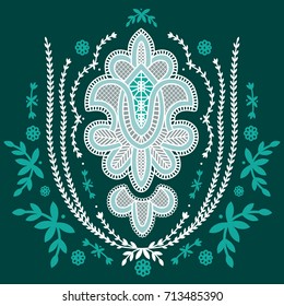 Ornate Retro Style Bollywood Deco Icon - Embroidery Artwork or TShirt Screenprint Vector Graphic - Dark Teal, Mint Green, Soft Grey and White Color Palette