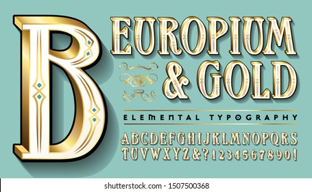 An ornate and retro styled alphabet; this luxurious font has an old world antique or victorian feel with gold edges and filigree designs.