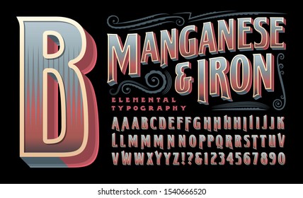 An ornate and retro styled vector alphabet with 3d effects. Manganese & Iron is an old style vintage font that would work well on packaging, whiskey bottles, carnival or saloon signs, etc.