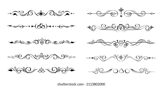 Ornate retro text delimiters, paragraph dividers, page footer decoration lines, borders, vignettes. Set of hand-drawn symmetric romantic elements in oriental mehendi style on white for prints, design