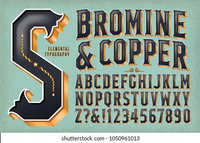 An ornate and retro-styled alphabet with 3d metallic effects. Bromine & Copper would work well on vintage packaging, whiskey bottles, carnival or saloon signs, etc.